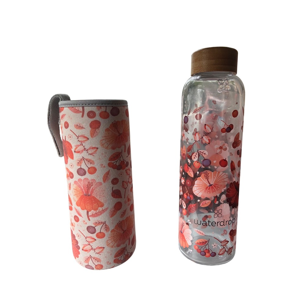 Waterdrop Edition Glass Bottle 20oz Borosilicate Floral Hibiscus Bamboo Lid